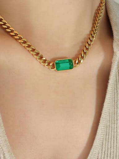 P1337 Gold+green  Necklace 40+5cm Titanium Steel Glass Stone  Hip Hop Geometric  Chain Bracelet and Necklace Set