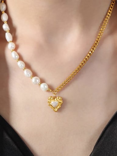 Stainless steel Freshwater Pearl Heart Hip Hop Necklace