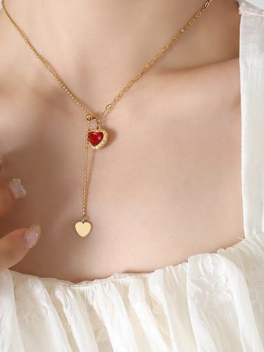 P433 Gold Ruby Heart Necklace 38 +5cm Titanium Steel Glass Stone Geometric Vintage Necklace