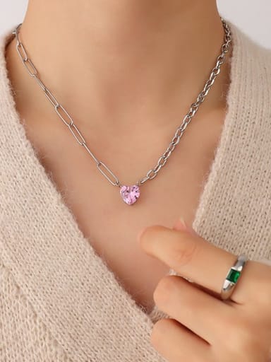 P175 Steel Necklace 40 +5cm Titanium Steel Rhinestone Heart Minimalist Necklace