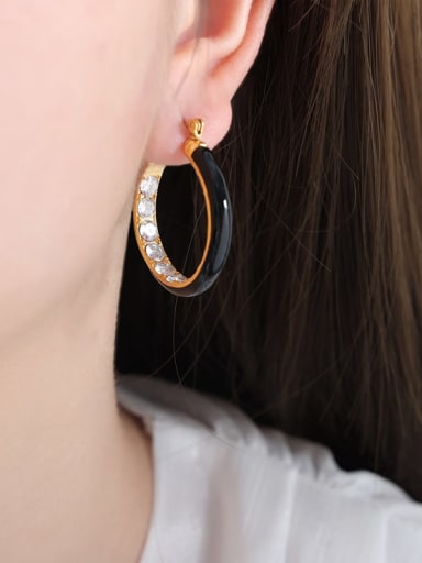 F980 Weight Black Glazed Gold Earrings Titanium Steel Cubic Zirconia Enamel Geometric Trend Hoop Earring