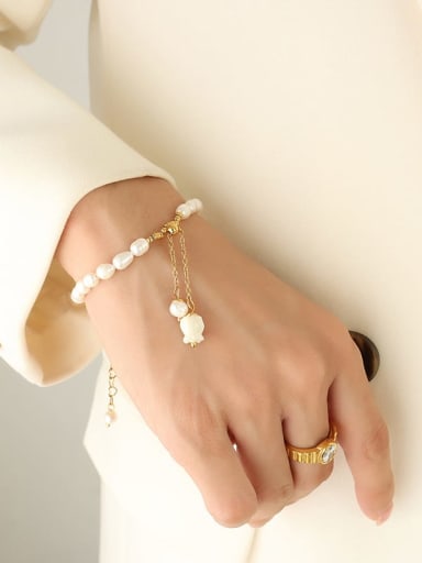 E373 Gold Bracelet 17 +5cm Titanium Steel Freshwater Pearl Minimalist Flower   Bracelet and Necklace Set