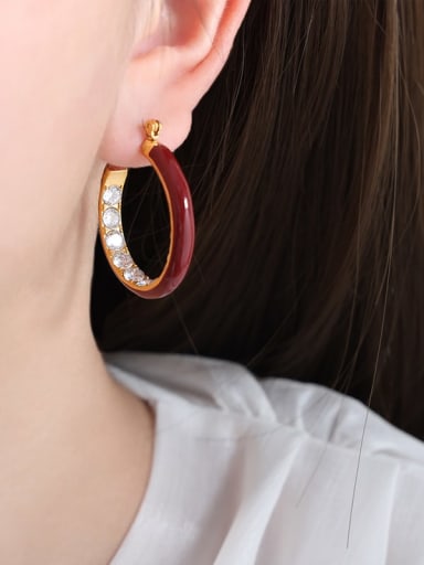 F980 Weight Red Glazed Gold Earrings Titanium Steel Cubic Zirconia Enamel Geometric Trend Hoop Earring