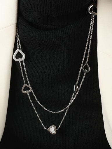 M047 Steel Sweater Chain 120 +6cm Titanium Steel Cubic Zirconia Heart Minimalist Long Strand Necklace