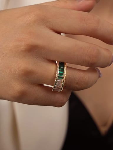 A707 Gold Green White Zircon Ring Brass Cubic Zirconia Geometric Minimalist Band Ring