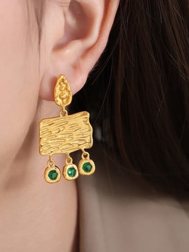 F950 Golden+ Green Brass Cubic Zirconia Geometric Vintage Drop Earring