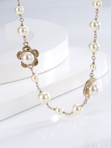 Brass Imitation Pearl Flower Trend Long Strand Necklace