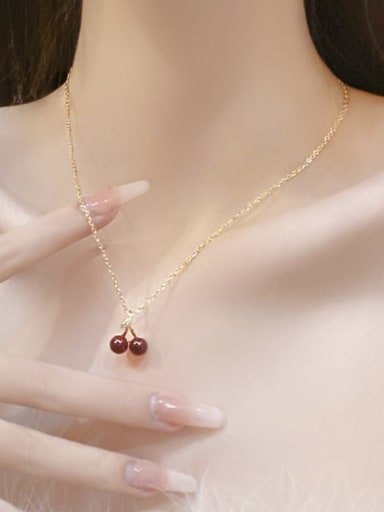 Cherry O-chain gold Titanium Steel Natural Stone   Cute  Friut Cherry  Pendant Necklace