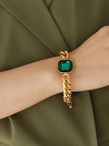 E076 Green Crystal Bracelet 18 +4cm Titanium Steel Glass Stone Vintage Geometric Earring and Necklace Set