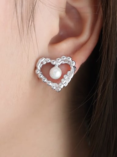 F959 Steel Color Earrings Brass Imitation Pearl Asymmetrical  Heart Vintage Stud Earring