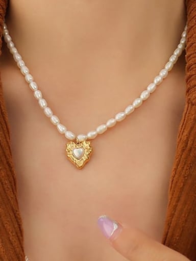 P155 gold  40+ 5cm Titanium Steel Freshwater Pearl Heart Vintage Necklace
