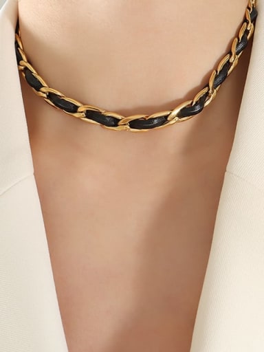 P884 Gold Necklace 34+ 5cm Titanium Steel Artificial Leather  Vintage Irregular  Chain Bracelet and Necklace Set