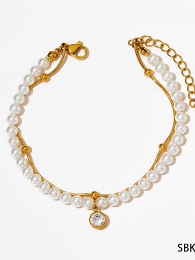 Golden Bracelet SBK536 Stainless steel Imitation Pearl Minimalist  Double Layer Bracelet and Necklace Set