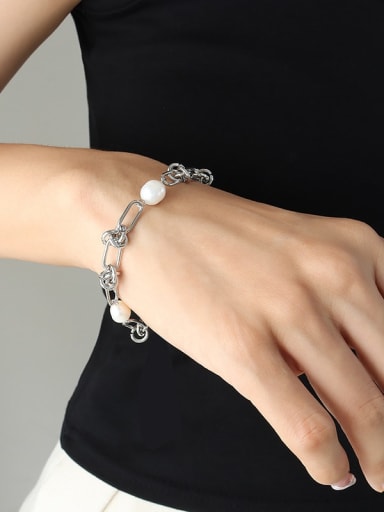 E344 steel bracelet 20 5cm Trend Geometric Titanium Steel Freshwater Pearl Bracelet and Necklace Set
