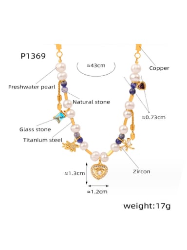 P1369 Love pendant  43cm Brass Imitation Pearl Heart Bohemia Beaded Necklace