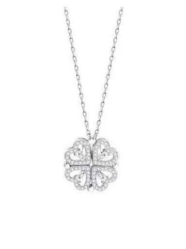 platinum Titanium Steel Cubic Zirconia Clover Minimalist Heart Pendant Necklace