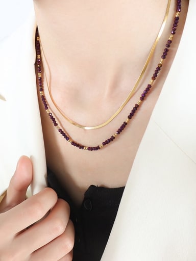 P1456 Gold Purple Glass Necklace Titanium Steel Glass beads Green Geometric Vintage Multi Strand Necklace