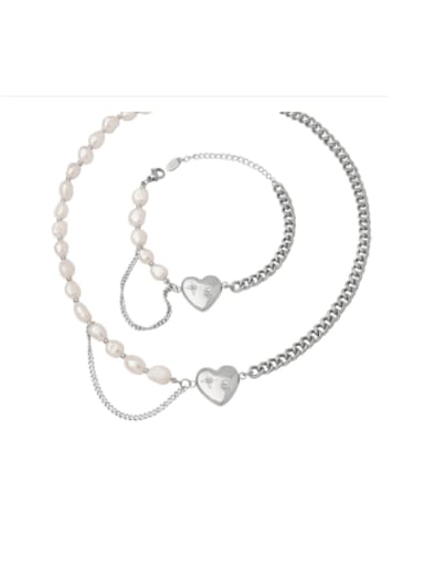 custom Titanium Steel Freshwater Pearl Vintage Heart Bracelet and Necklace Set