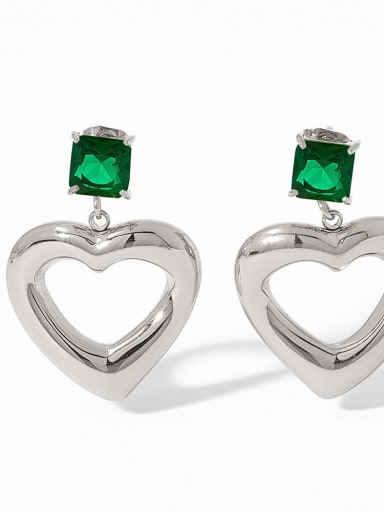 PDE700, Platinum Color, Green Stone Stainless steel Cubic Zirconia Heart Drop Earring