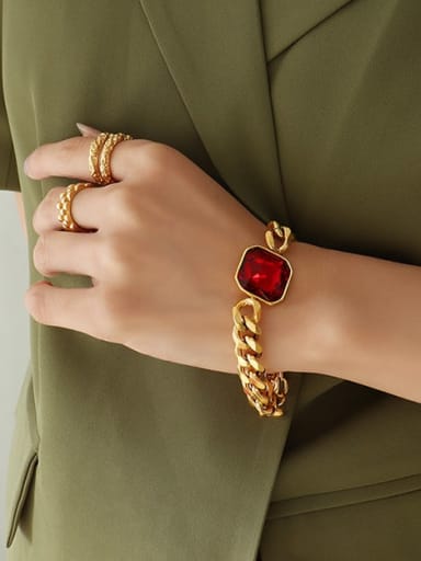 E076 Red Crystal Bracelet 18+ 4cm Titanium Steel Glass Stone Vintage Geometric Earring and Necklace Set