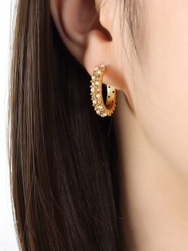 F804 Gold Earrings Titanium Steel Imitation Pearl Geometric Trend Hoop Earring