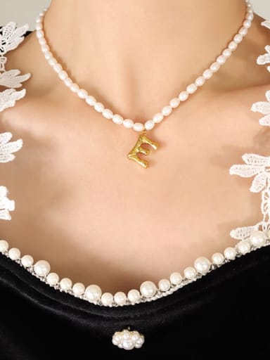 P1238 e-letter gold necklace 36+ 7cm Titanium Steel Freshwater Pearl Letter Hip Hop Necklace