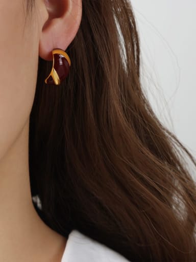 F248 Red Glazed Earrings Brass Enamel Geometric Vintage Stud Earring