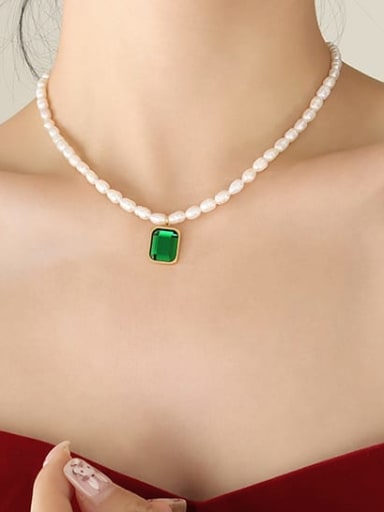 P1268 Green Crystal Necklace Titanium Steel Freshwater Pearl Geometric Vintage Necklace