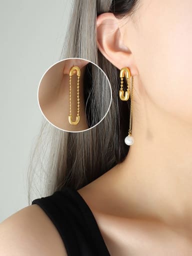 F153 Gold Earrings Titanium Steel Imitation Pearl Geometric Trend Drop Earring
