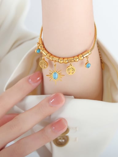 E075 Gold Bracelet 17 +5cm Trend Tassel Titanium Steel Turquoise Bracelet and Necklace Set