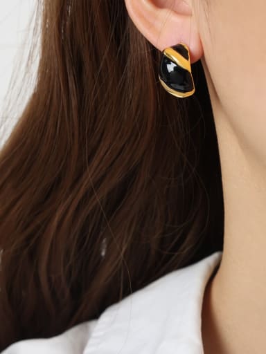 F248 Black Glazed Earrings Brass Enamel Geometric Vintage Stud Earring