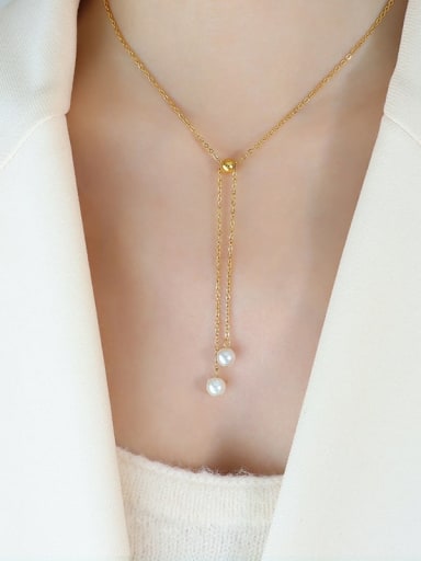 P702 Gold necklace 50 +5cm Trend Tassel Titanium Steel Imitation Pearl Bracelet and Necklace Set