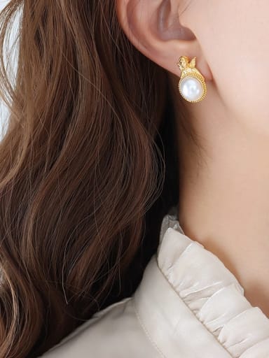 F725 Gold Earrings Titanium Steel Imitation Pearl Geometric Dainty Stud Earring