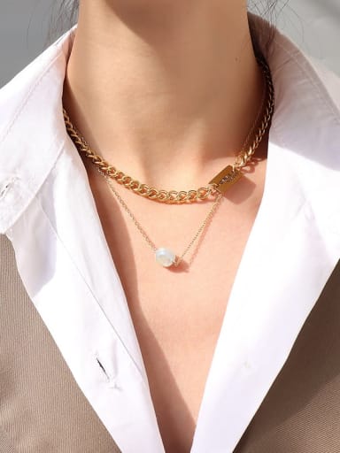 P860 gold double layer Necklace Titanium Steel Imitation Pearl Geometric Minimalist Multi Strand Necklace