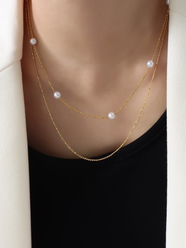 gold Titanium Steel Freshwater Pearl Round Minimalist Multi Strand Necklace