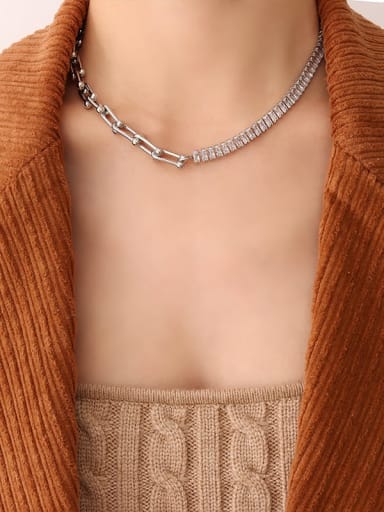 P147 Steel Necklace Titanium Steel Cubic Zirconia Minimalist Geometric  Bracelet and Necklace Set
