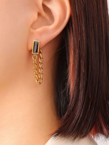 F400 Gold Black Zircon Earrings Titanium Steel Glass Stone Tassel Trend Drop Earring