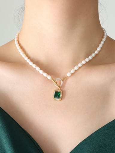 P1244 Green necklace 37cm Titanium Steel Freshwater Pearl Geometric Minimalist Necklace