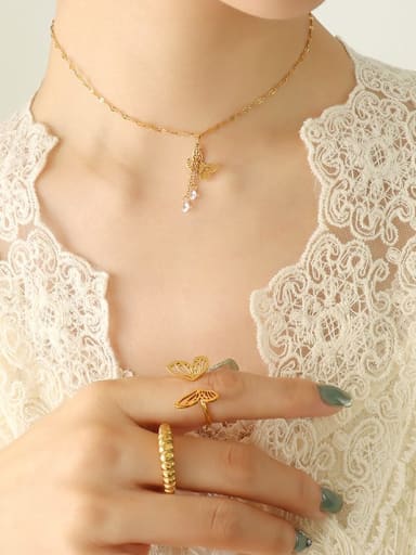 P686 gold necklace 33+ 8cm Titanium Steel Rhinestone Butterfly Minimalist Tassel Necklace