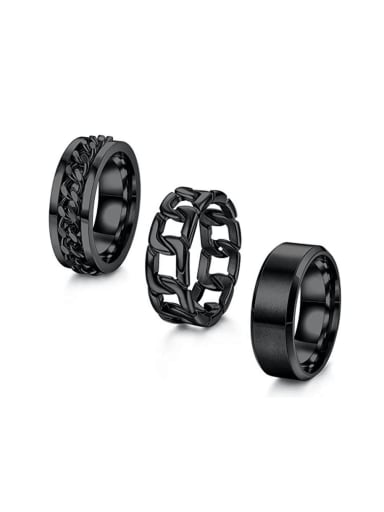 Black three piece set Stainless Steel Geometric Hip Hop Stackable Men's Ring Set