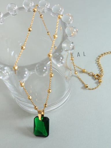 gold jewelry buckle Necklace 40+ 5cm Vintage Geometric Titanium Steel Crystal Green Earring and Necklace Set