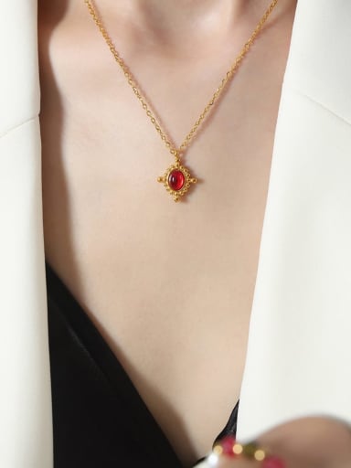 P1749 Gold Red Agate Necklace 40 +5cm Titanium Steel Cubic Zirconia Geometric Vintage Necklace