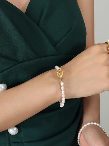 E349 gold bracelet 20cm Trend Geometric Titanium Steel Freshwater Pearl Bracelet and Necklace Set