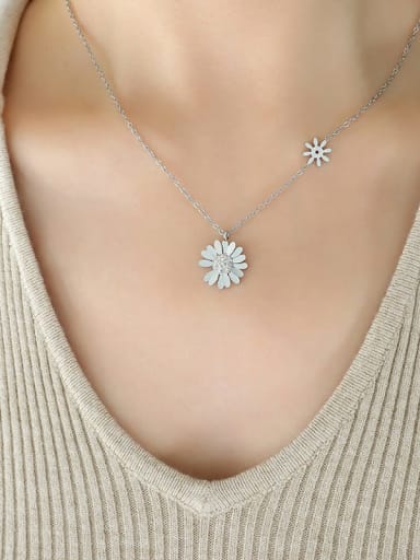 P784 steel necklace 40+ 5cm Titanium Steel Cubic Zirconia Flower Minimalist Necklace
