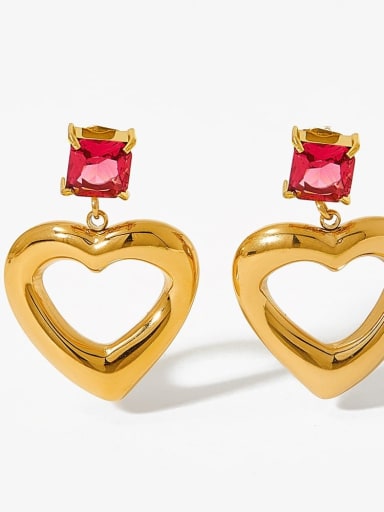 KDE753,Gold Color, Red Stone Stainless steel Cubic Zirconia Heart Drop Earring
