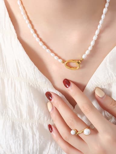 P1443 Gold Necklace 40cm Dainty Geometric Titanium Steel Freshwater Pearl Bracelet and Necklace Set