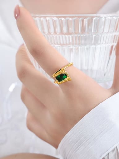 A529 Green Glass Stone Gold Ring Titanium Steel Cubic Zirconia Geometric Vintage Band Ring