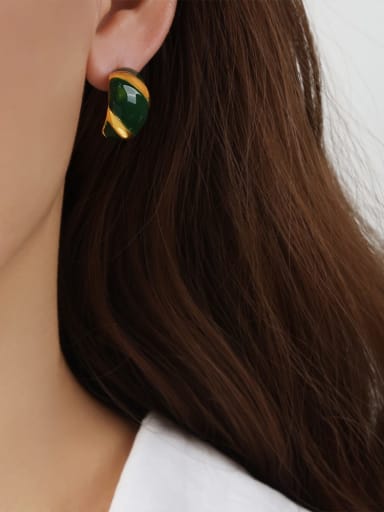 F248 Green Glazed Earrings Brass Enamel Geometric Vintage Stud Earring