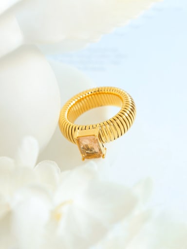 A435 Champagne Glass Stone Gold Ring Titanium Steel Glass Stone Geometric Minimalist Band Ring