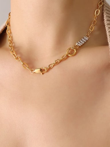P176 gold necklace 40cm Titanium Steel Cubic Zirconia Geometric Vintage Hollow Chain Necklace